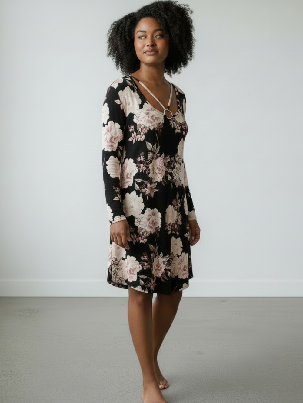 Just Be Women Long Sleeve Floral rose Dress Black Large elastic stretchy summer